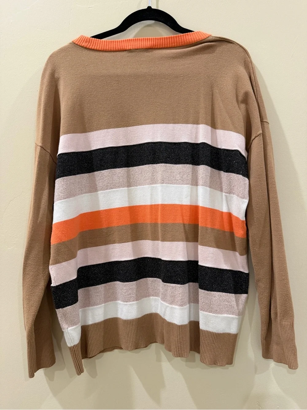 Striped Crewneck Sweater in Camel, Orange & Black - Picture 2 of 3